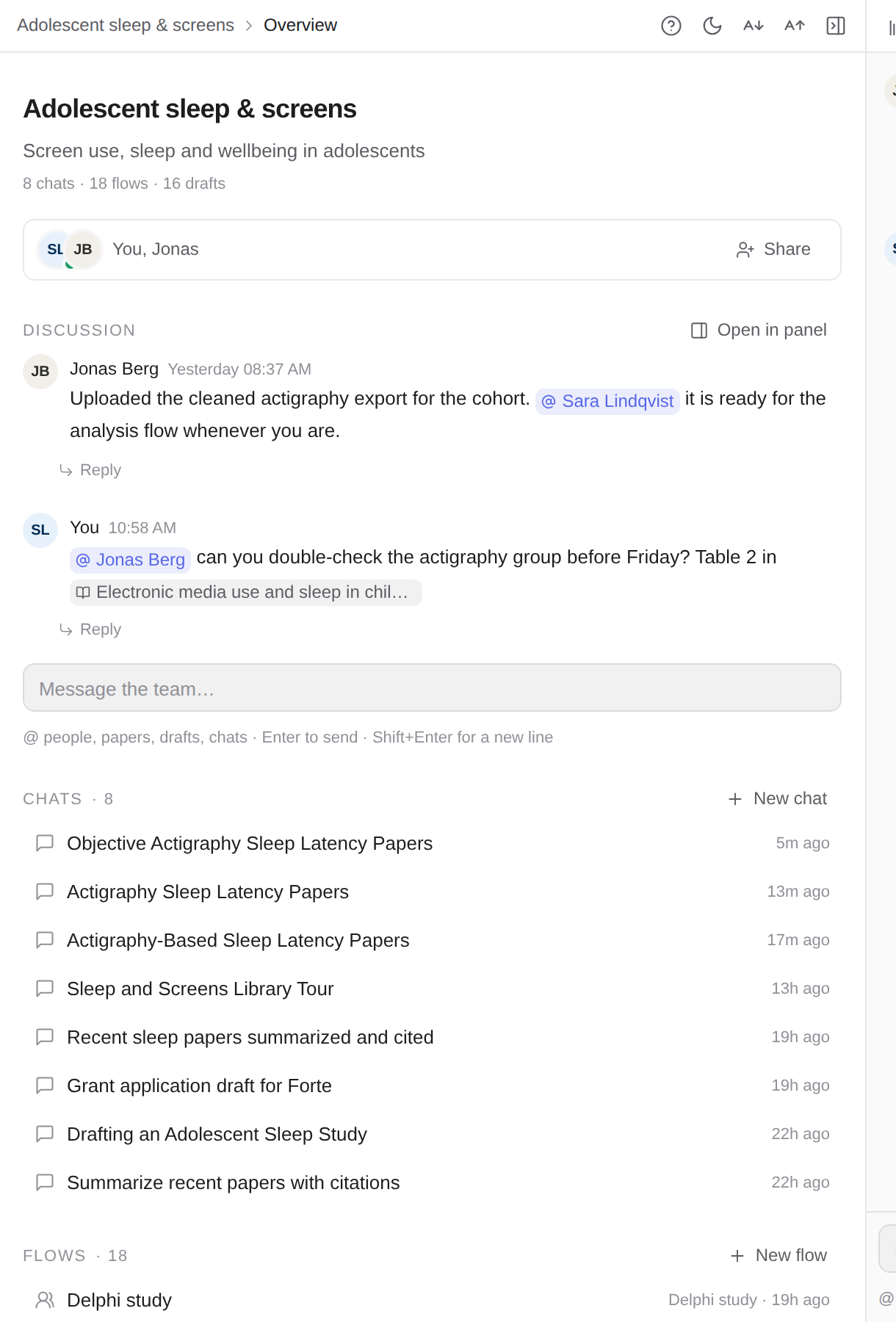 A shared project in Kahubi with team members, a discussion thread and an @-mention in the chat