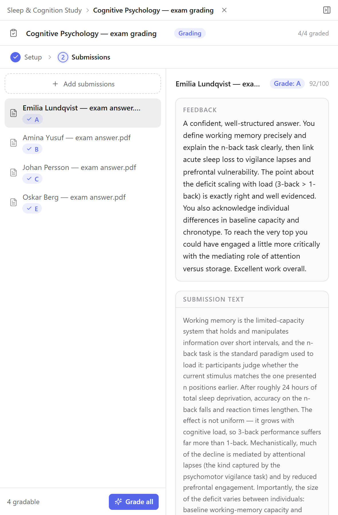 Bulk grading of student submissions with AI feedback in Kahubi