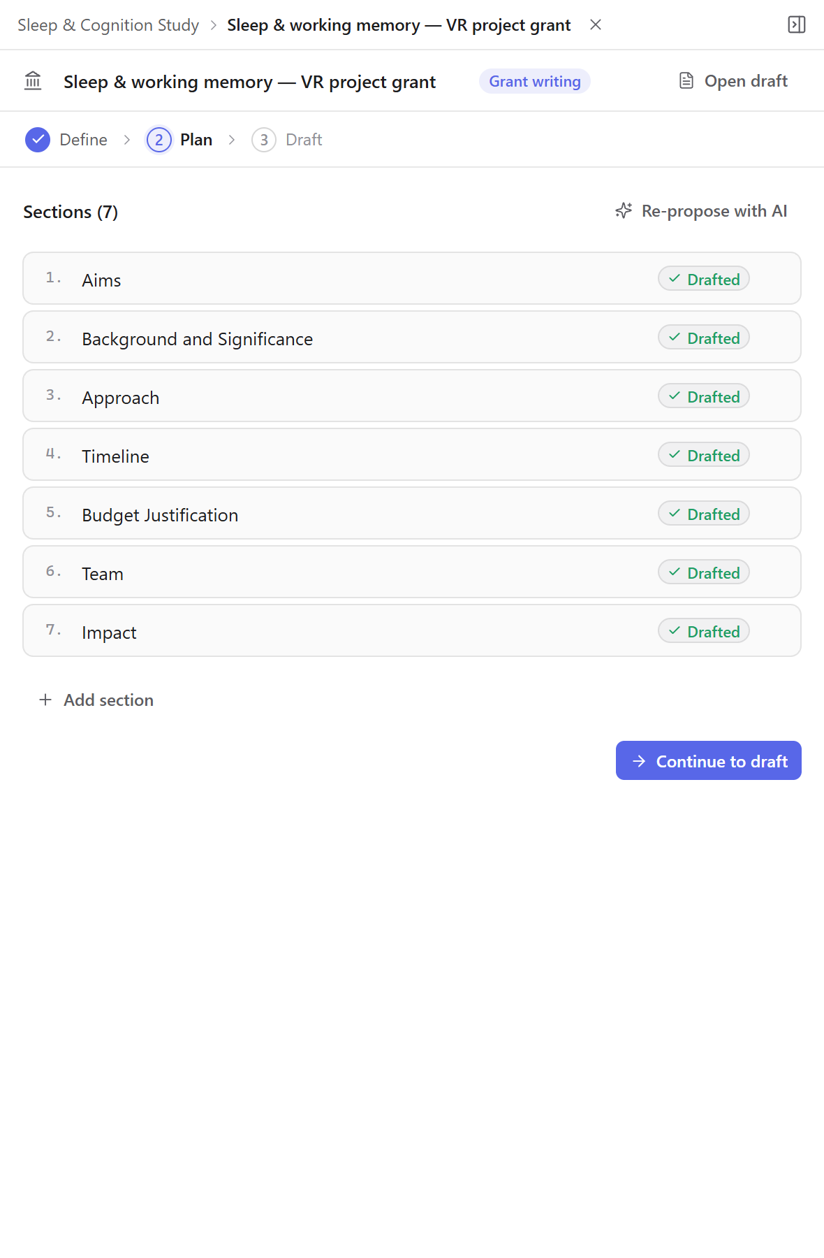 An AI-planned grant application, section by section, in Kahubi