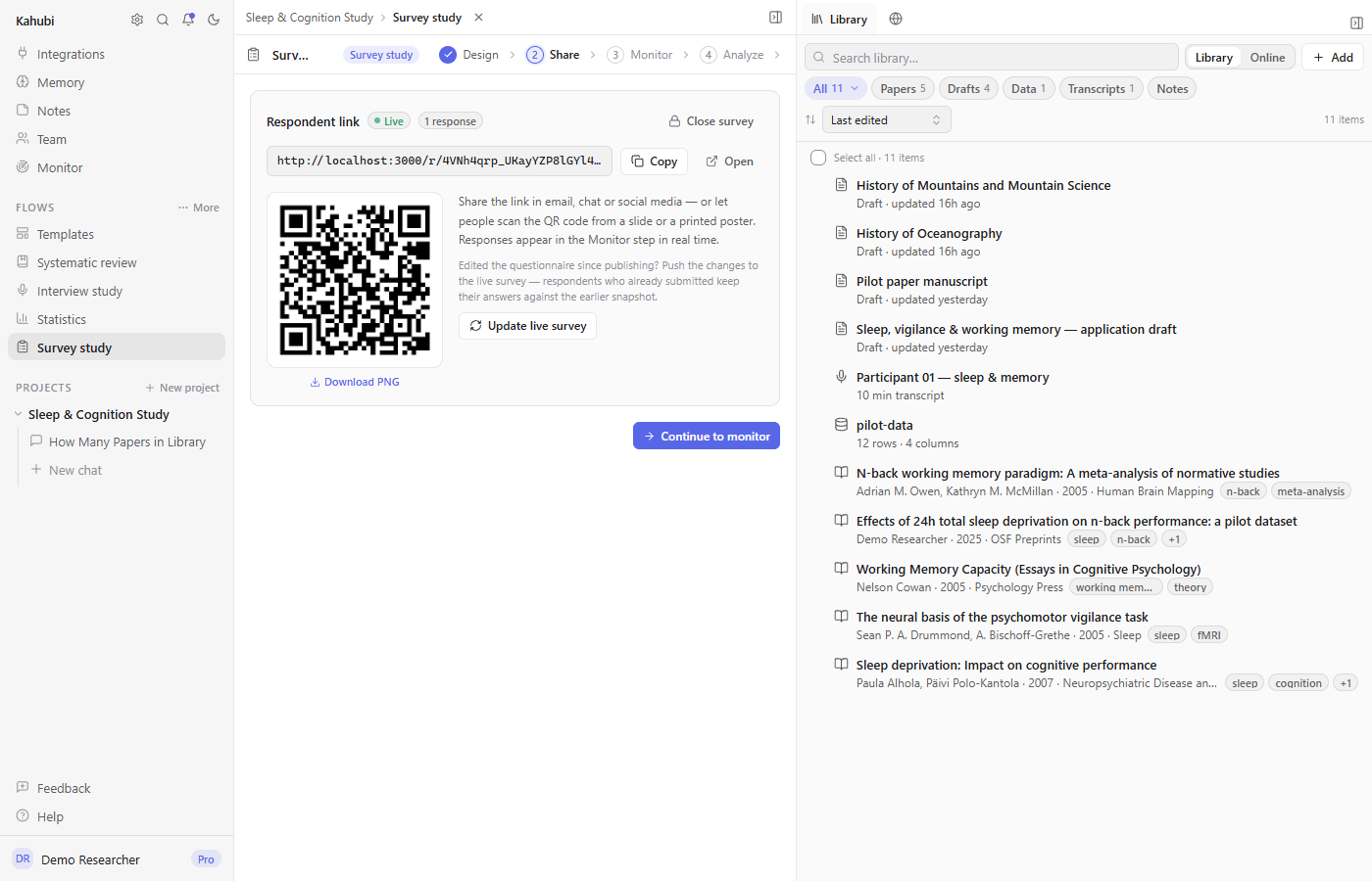 A published Kahubi survey with its public respondent link and QR code