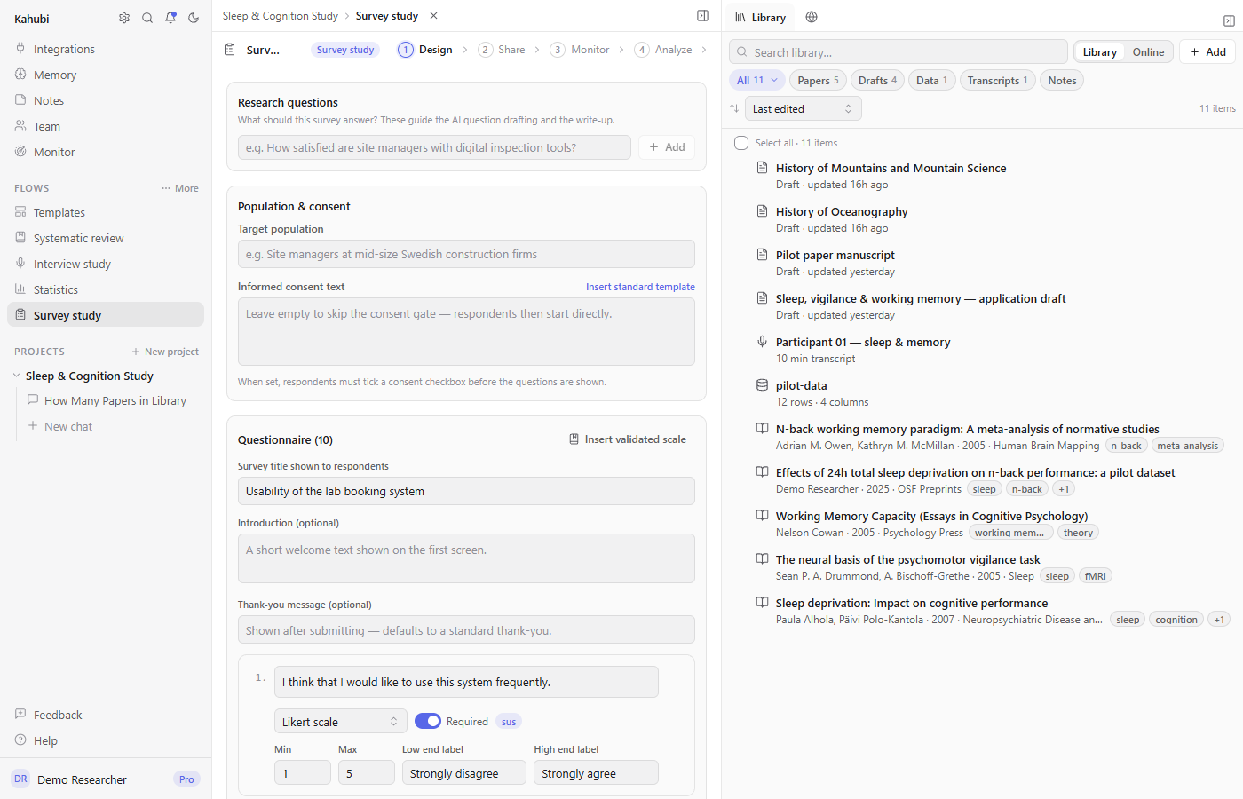 The Kahubi survey builder with validated scales and a sample-size calculator