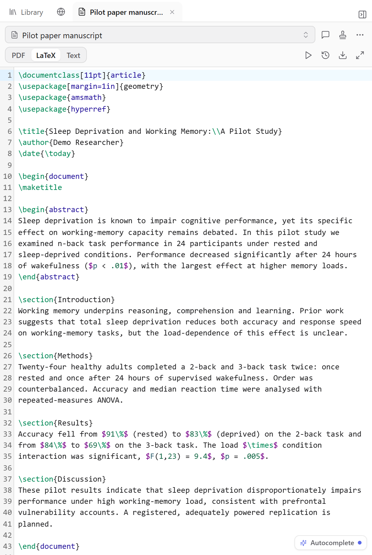 The manuscript’s LaTeX source in the Kahubi editor