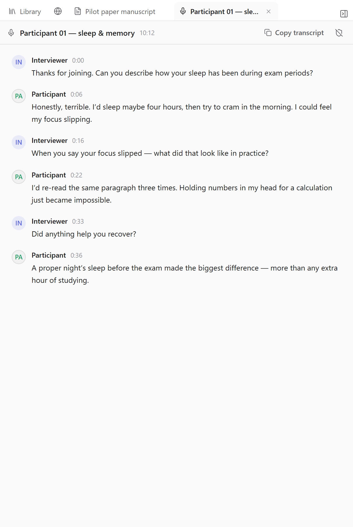 An interview recording turned into a speaker-labelled transcript in Kahubi