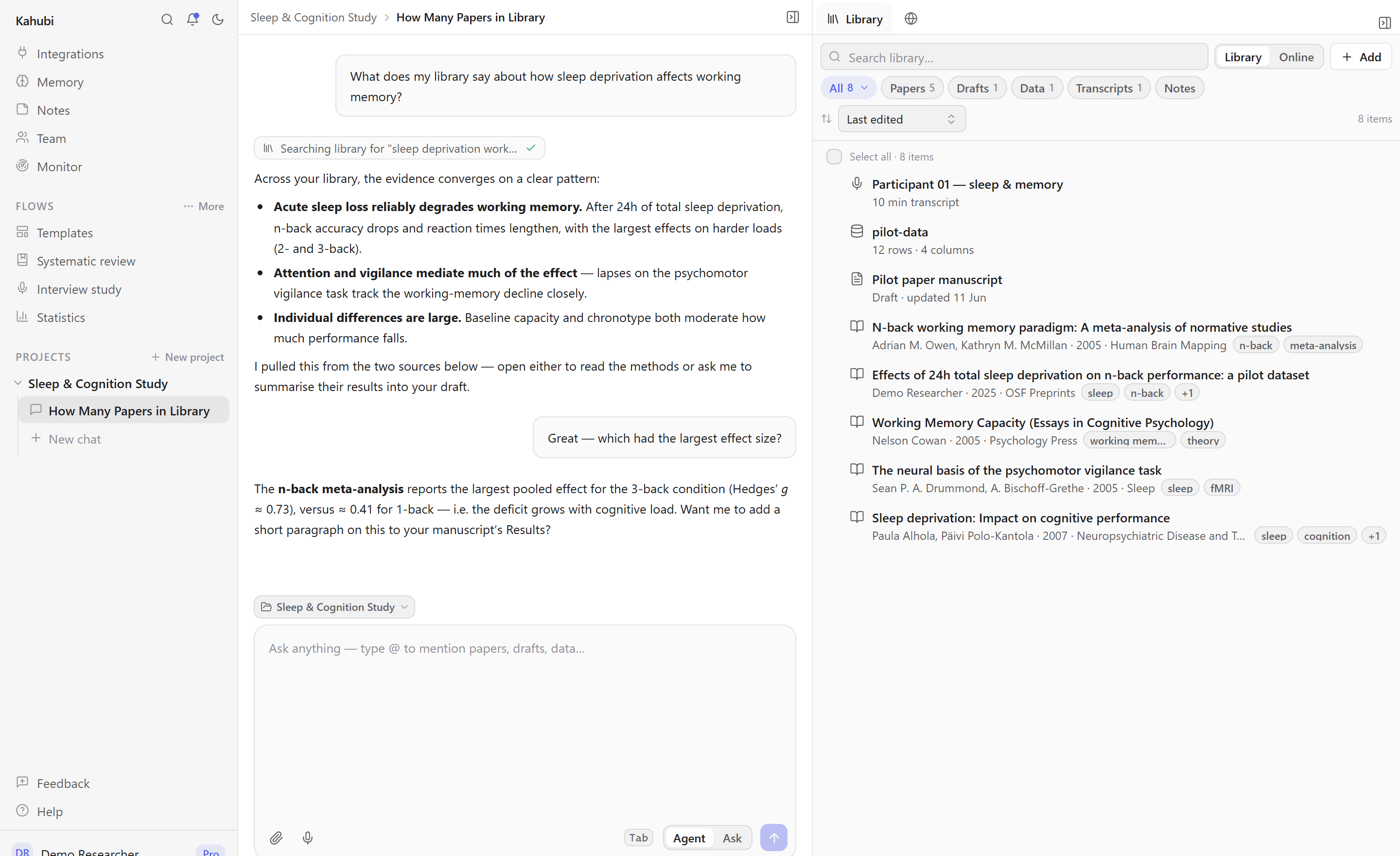 The Kahubi workspace: project sidebar, AI chat, and reference library side by side